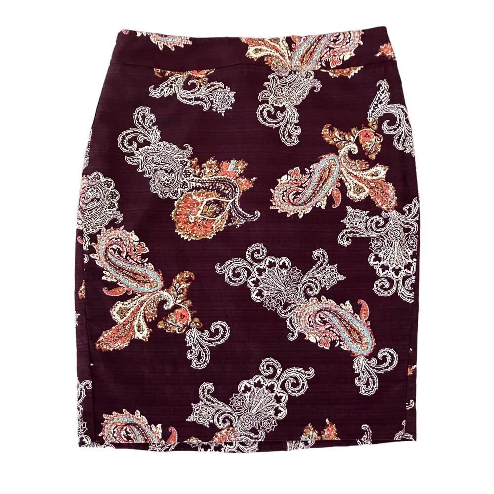 Ann Taylor Women's Burgundy Paisley Fully Lined Pencil Retro Cotton Skirt SZ 6 - Picture 2 of 11